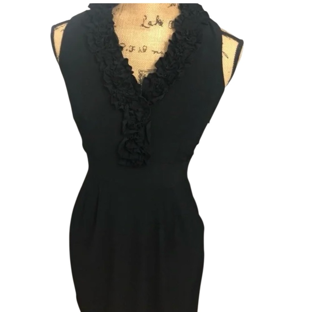 Anthropologie Just… Taylor dress with flower ruffle v neck line, black , size 4